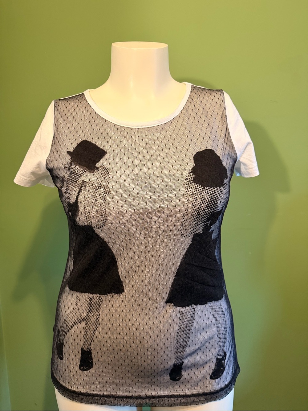Vintage Mango White Tee with Black Mesh Graphic Overlay